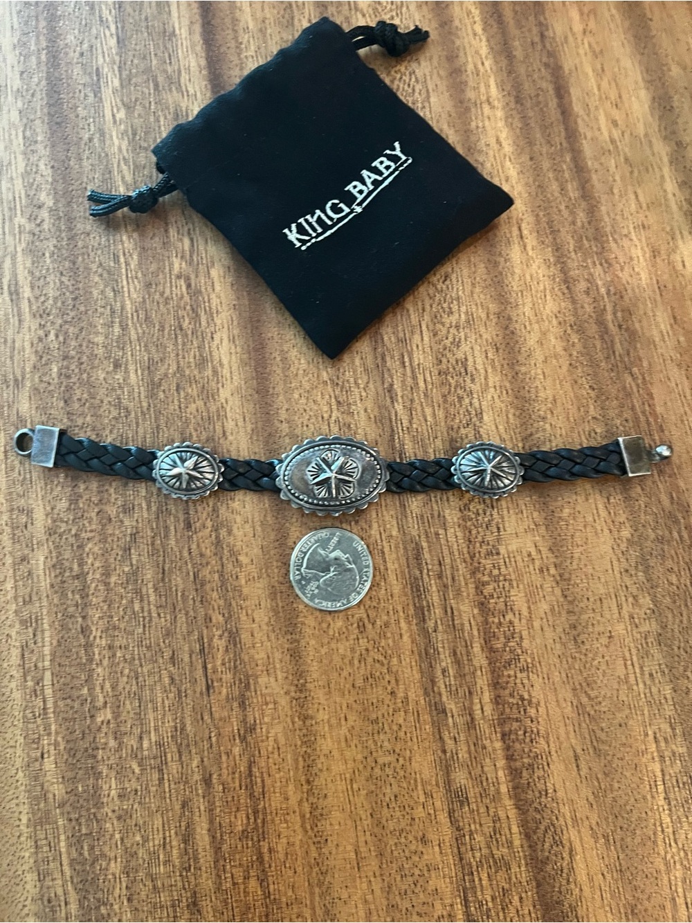 King Baby Studio Black Braided Leather Bracelet with Silver Conchos